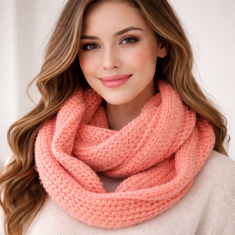 Coral Colored Knitted Infinity Scarf Soft Winter Warm NWOT